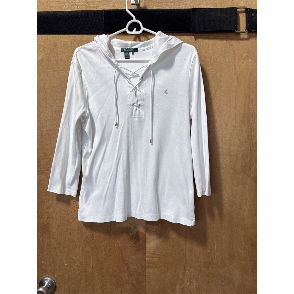 Lauren Ralph Lauren Womens White Ribbed Lace Up Hoodie 3/4 Sleeve Logo Top XL